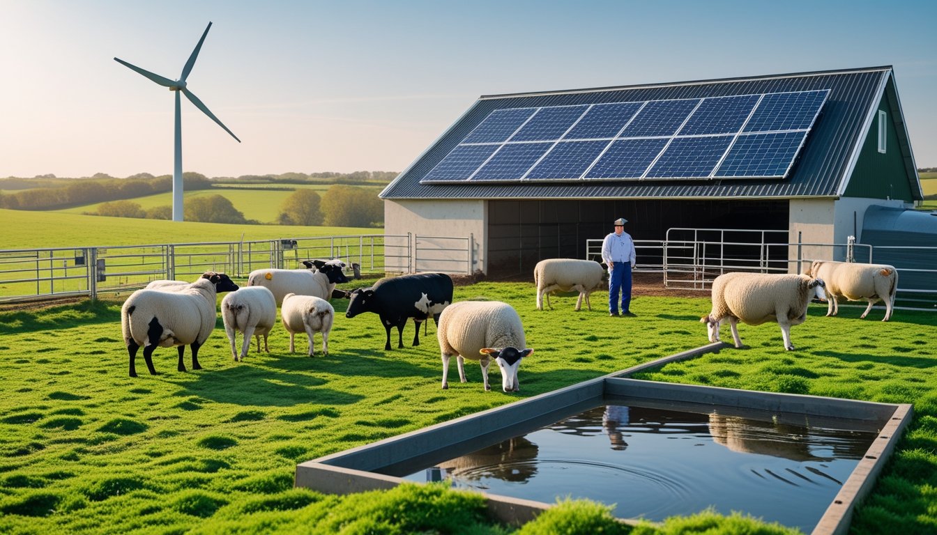 A UK countryside farm with sheep and cows grazing, solar panels on a barn, a wind turbine in the background, and farmers inspecting sustainable farming equipment.
