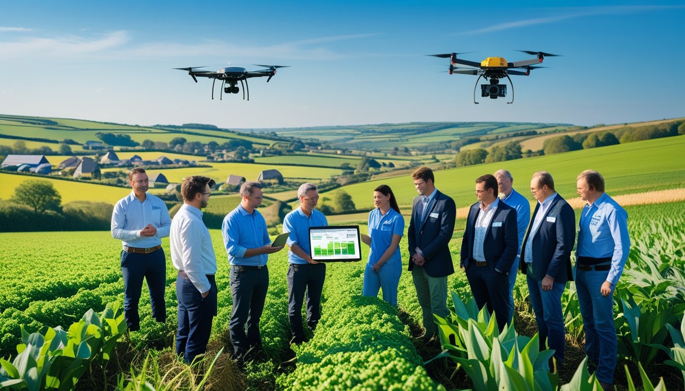 A group of professionals and farmers in a rural UK landscape examining a digital tablet with drones flying overhead and modern farming equipment nearby.