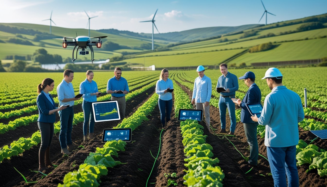 A rural UK landscape with green fields, farmers using drones and tablets, and wind turbines in the background.