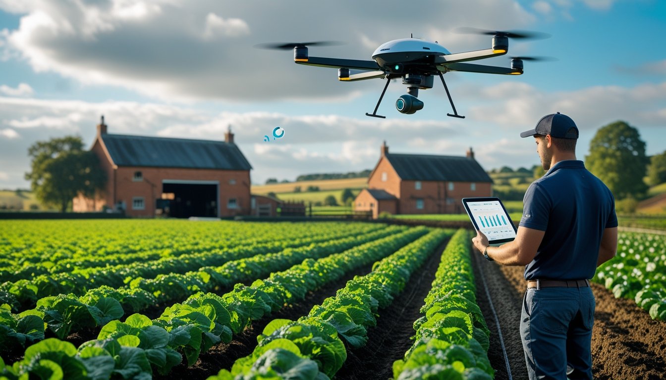 A farmer using a tablet on a green UK farm with a drone flying above and farming equipment in the background.