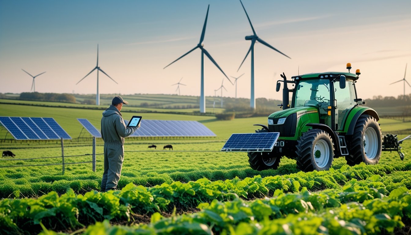 A farmer using a tablet in a green UK farm field with livestock, wind turbines, and solar panels in the background.