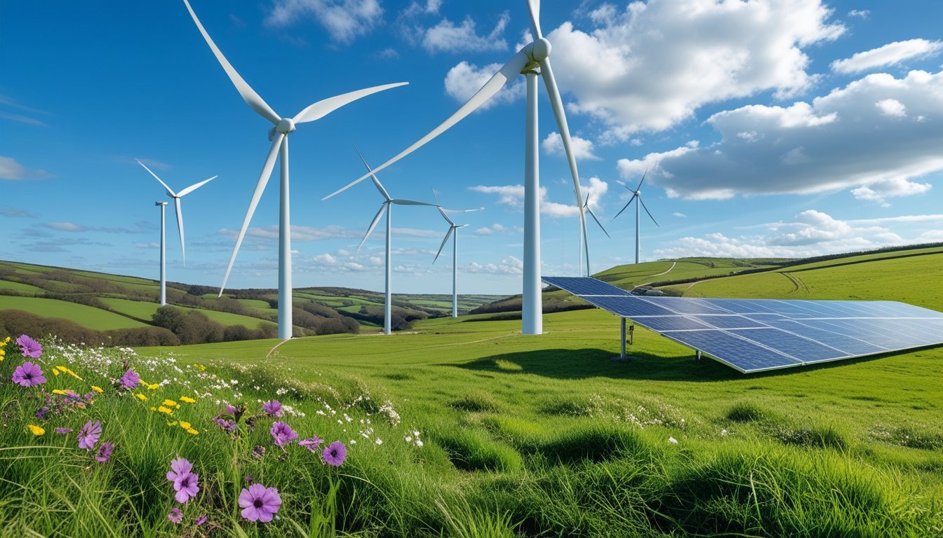 Rolling green hills in the UK countryside with wind turbines and solar panels under a blue sky with clouds.
