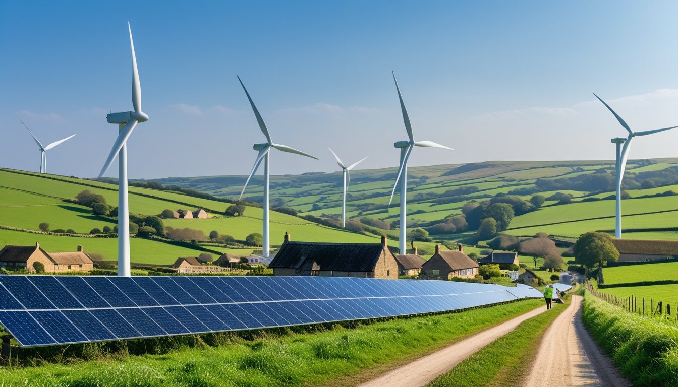 A UK countryside landscape with wind turbines, solar panels, green fields, and farm buildings under a clear sky.