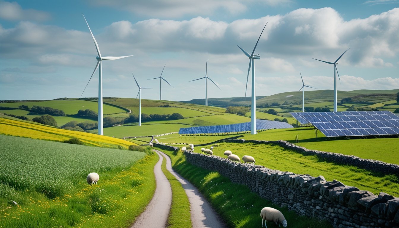 Rolling green hills in the UK countryside with wind turbines, solar panels, sheep grazing, and a country lane winding through fields.