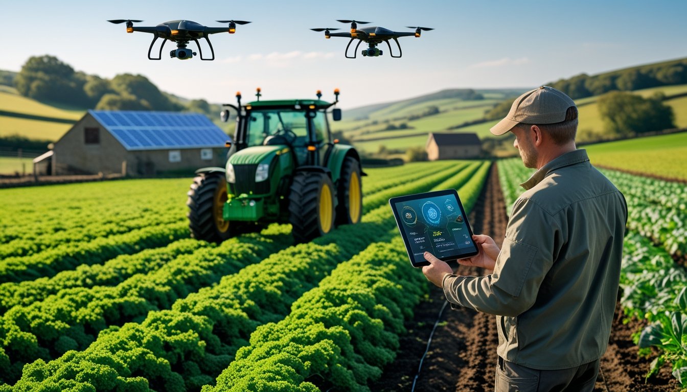 A farmer on a UK farm using a tablet while a modern tractor and drones operate in green fields with hills and farm buildings in the background.