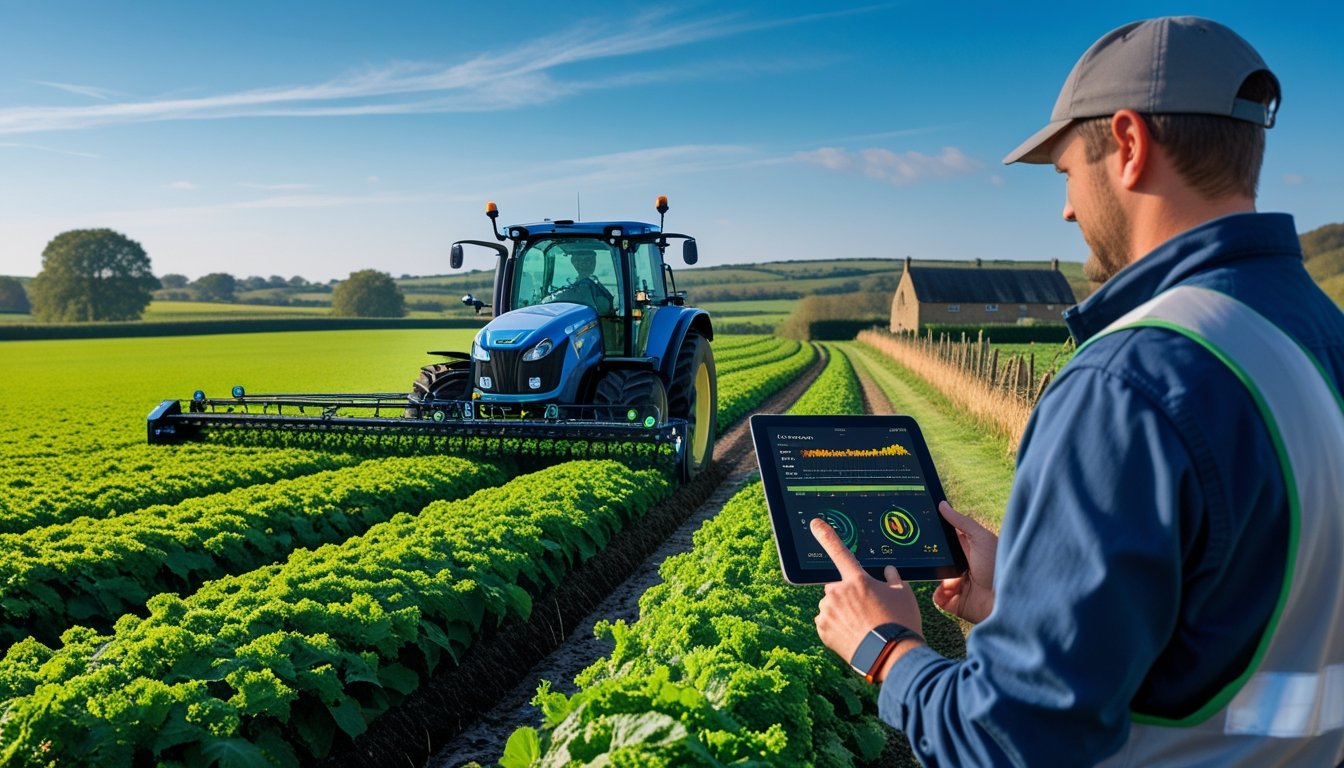 A farmer using a tablet next to a modern tractor working in a green field with rolling hills and a farmhouse in the background.