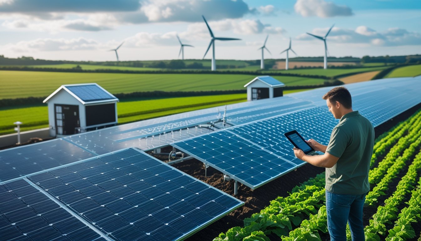 A UK farm with green fields, solar panels on buildings, wind turbines in the background, and a farmer using a tablet device in the field.