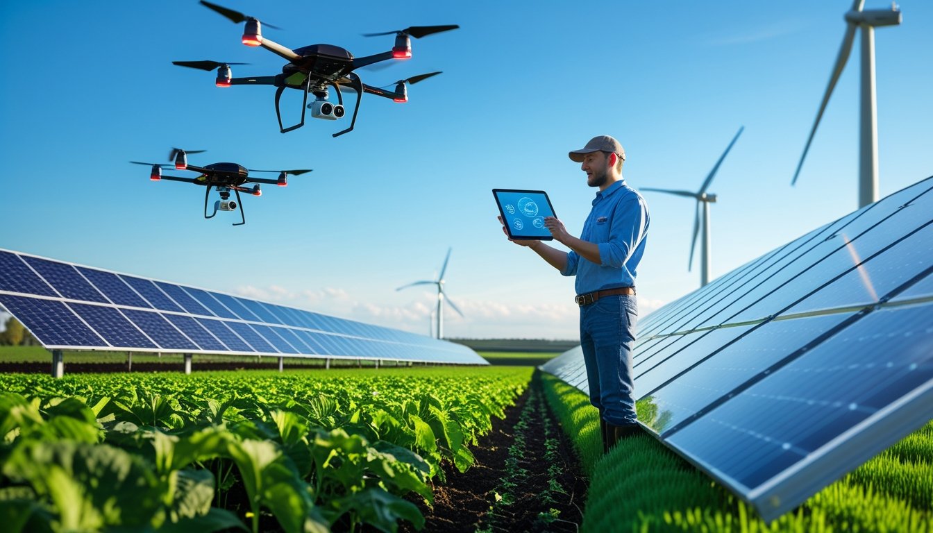 A farmer in a green field near solar panels and wind turbines, using a tablet while drones fly overhead monitoring crops.