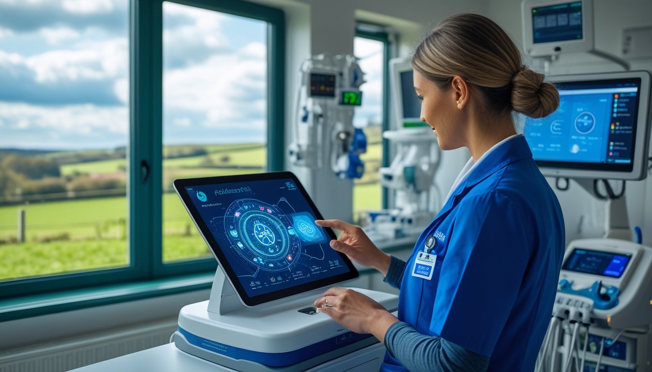 A healthcare professional in a rural UK clinic using a digital tablet with countryside visible through a window.
