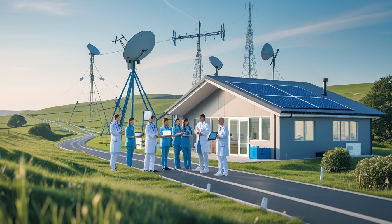 A rural healthcare clinic in the countryside with healthcare workers using advanced medical devices and visible communication infrastructure like satellite dishes and cables.