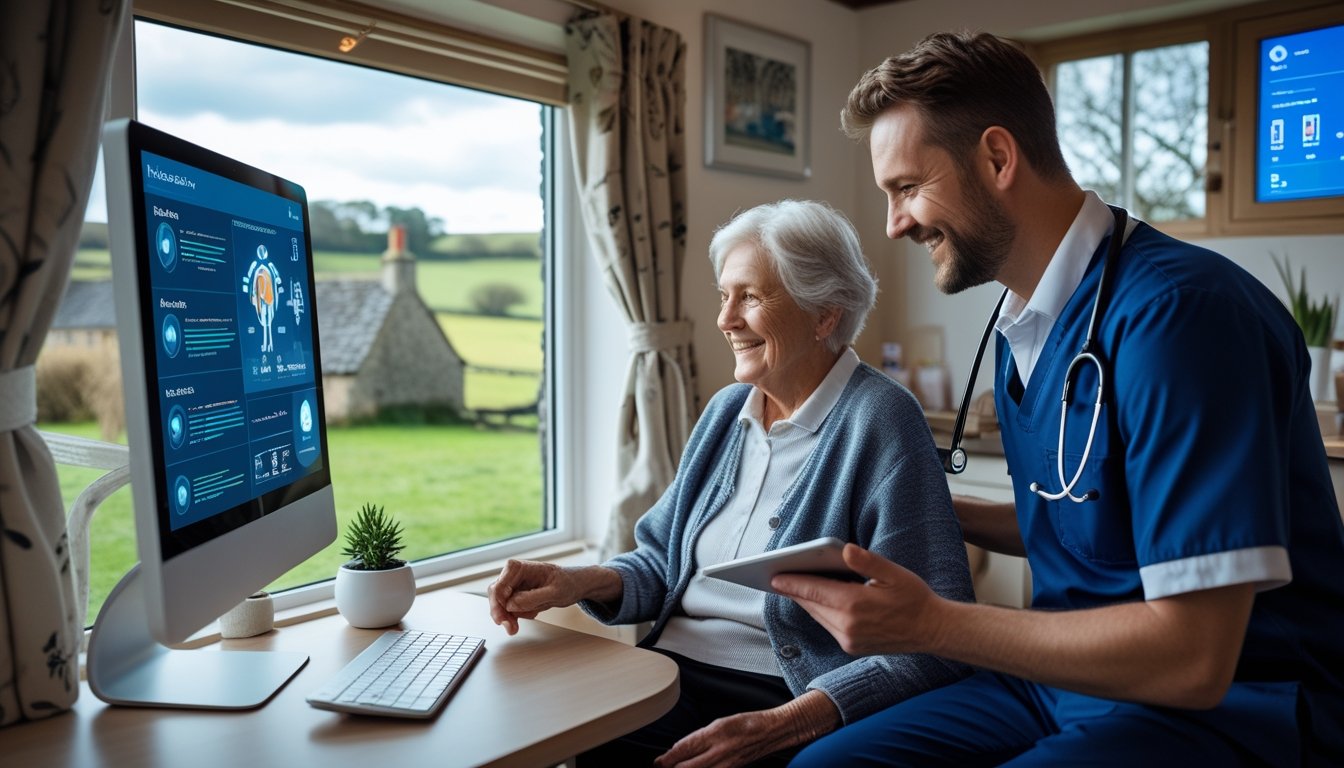 A healthcare worker using a digital tablet while talking to an elderly patient in a rural UK clinic with countryside visible outside the window.