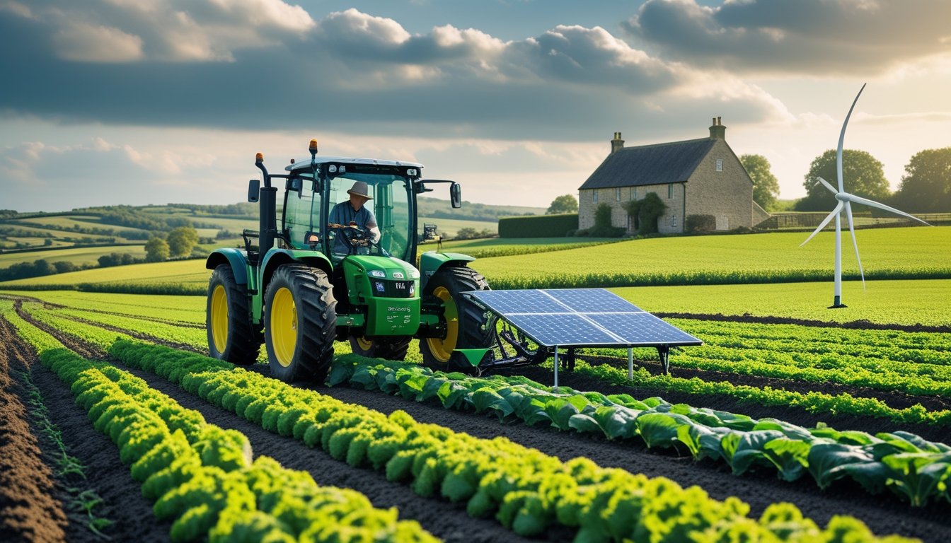 A farmer operating an autonomous tractor in green fields with rolling hills and a farmhouse in the background, showcasing modern farming technology in the UK countryside.