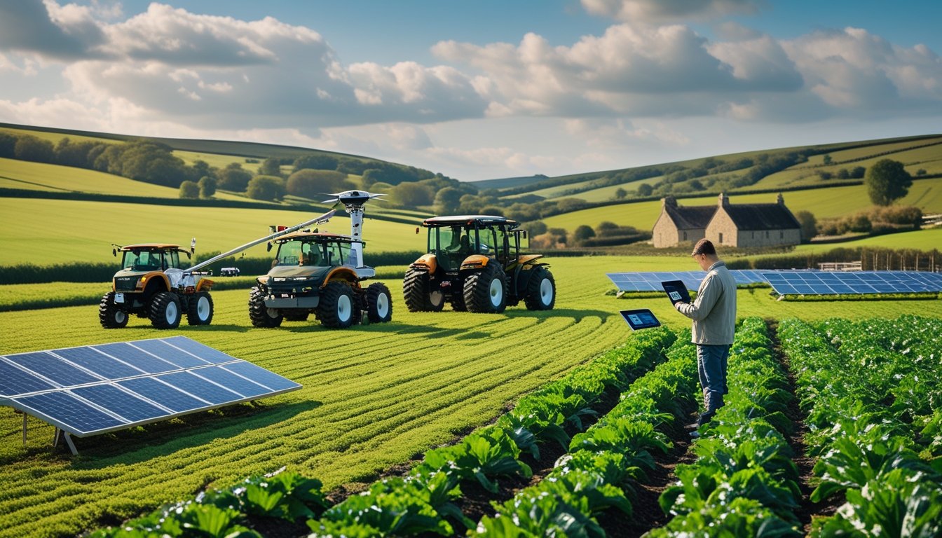 A farmer using a tablet while modern farming machinery works in green fields with rolling hills and cottages in the background.