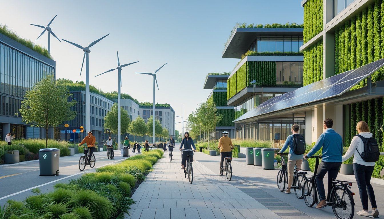 A modern UK city scene showing buildings with green roofs, solar panels, wind turbines, and people cycling and using electric scooters on clean streets lined with trees.