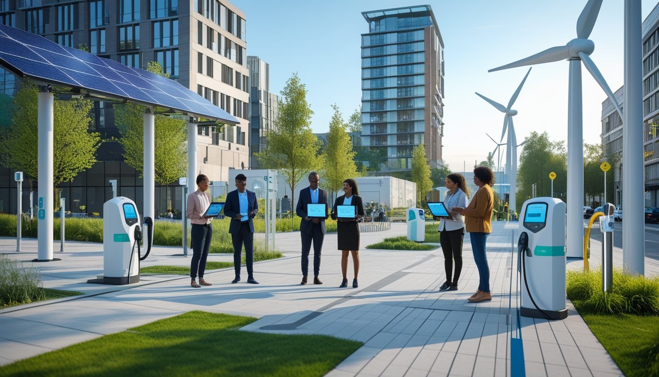 Urban UK cityscape with solar panels, vertical wind turbines, people discussing renewable energy technologies outdoors.