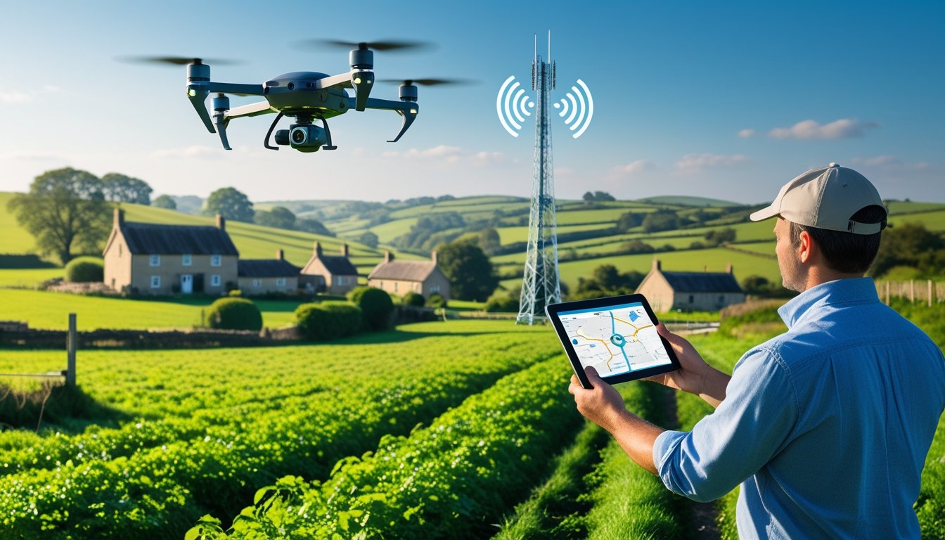 A rural UK landscape with green fields, cottages, a farmer using a tablet, a drone flying overhead, and a telecommunications tower in the background.