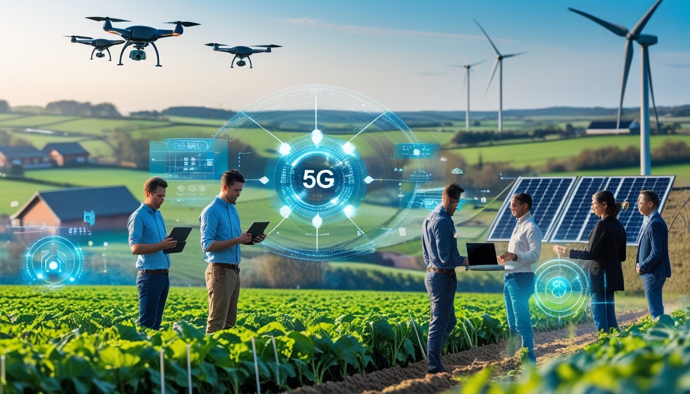 A group of people in a rural UK landscape with farms, wind turbines, and solar panels, using technology like tablets and drones to improve connectivity and agriculture.