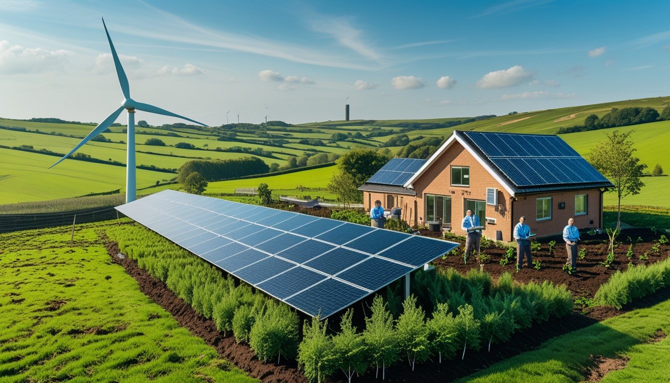 A green UK countryside with wind turbines, solar panels, farmers planting trees, and an eco-friendly farmhouse under a clear sky.