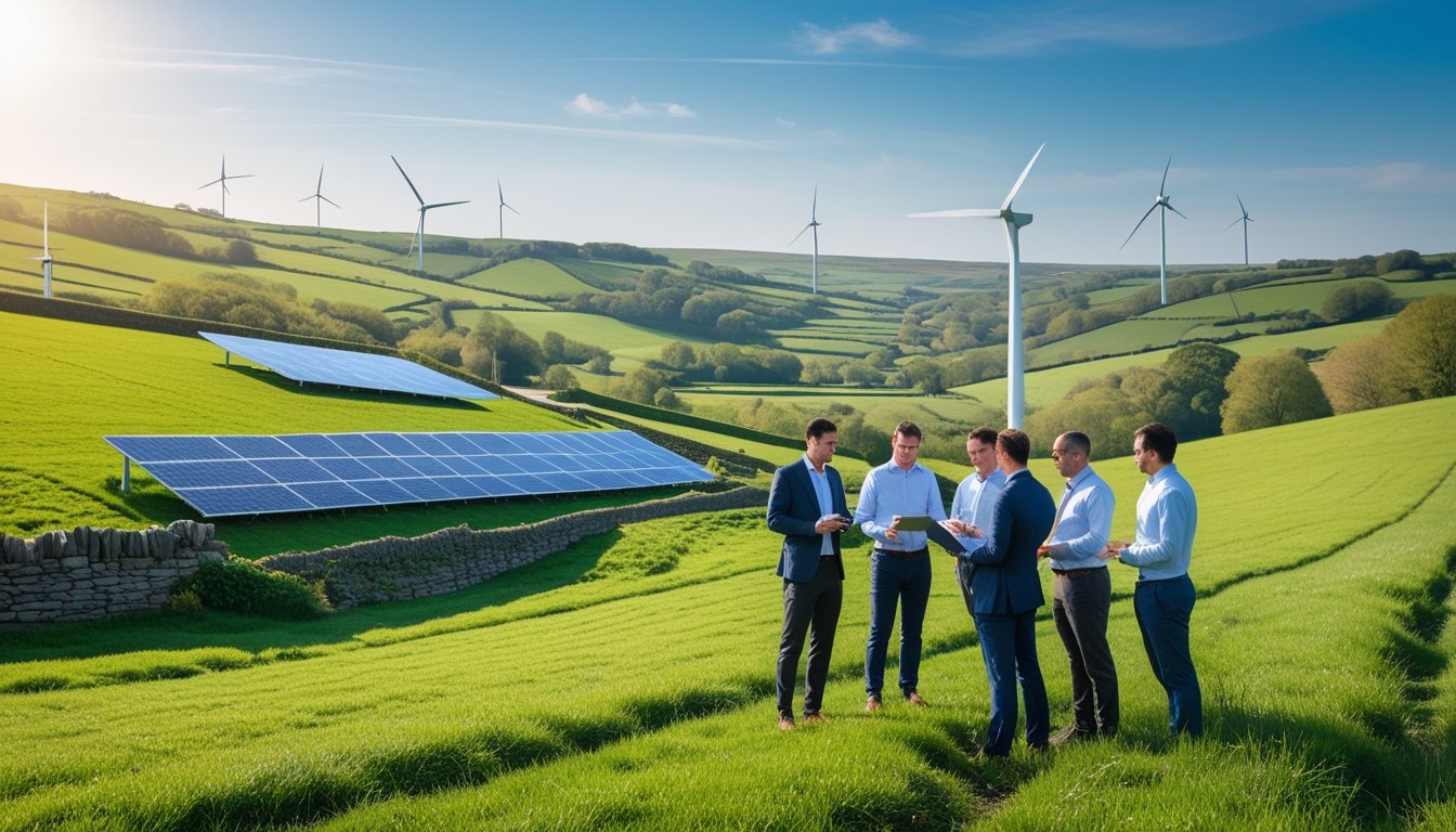 A group of professionals discussing sustainable technology in a green UK countryside with solar panels and wind turbines.