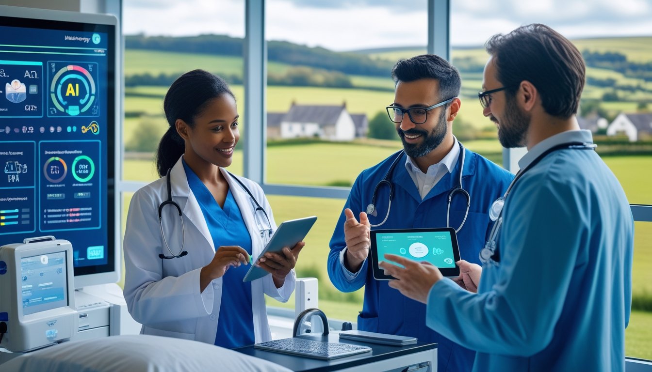 Healthcare professionals collaborating in a rural clinic with countryside visible outside, using digital devices to improve patient care.