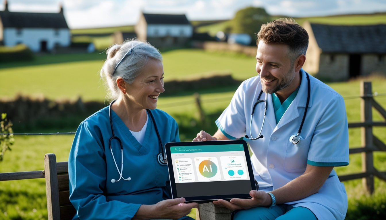 A healthcare professional using a tablet to assist a patient in a rural UK setting with green fields and countryside buildings in the background.