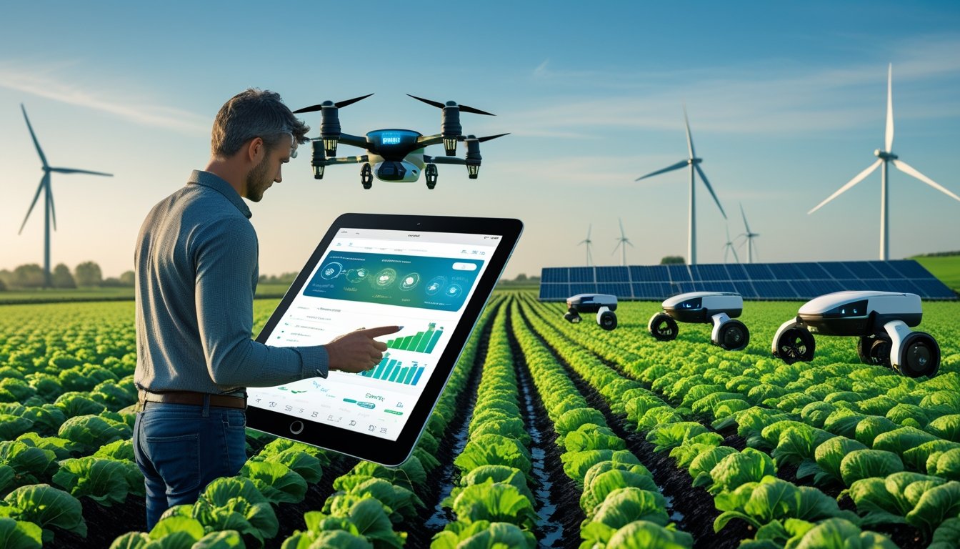 A UK farm with green fields, a farmer using a digital tablet, drones and robots working among crops, with wind turbines and solar panels in the background.