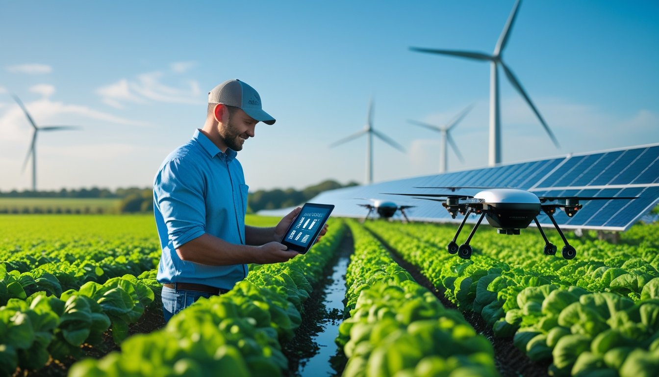 A farmer using a tablet on a green farm with crops, drones, solar panels, and wind turbines in the background.