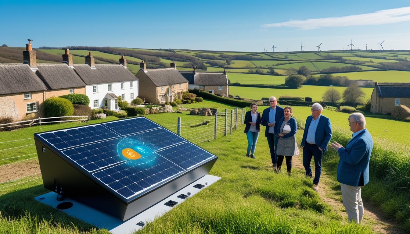 Rural UK landscape with cottages, green fields, wind turbines, and people interacting with modern energy technology.