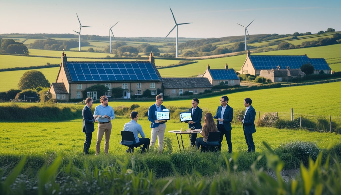 A group of professionals discussing energy efficiency in a UK countryside with cottages, solar panels, and wind turbines in the background.