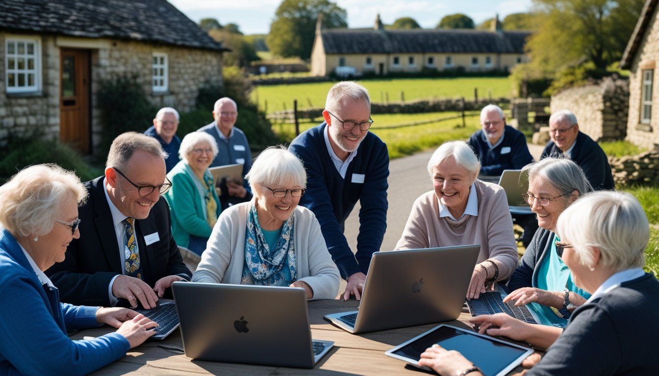 A group of adults and elderly people in a rural UK village learning digital skills outdoors with laptops and tablets.