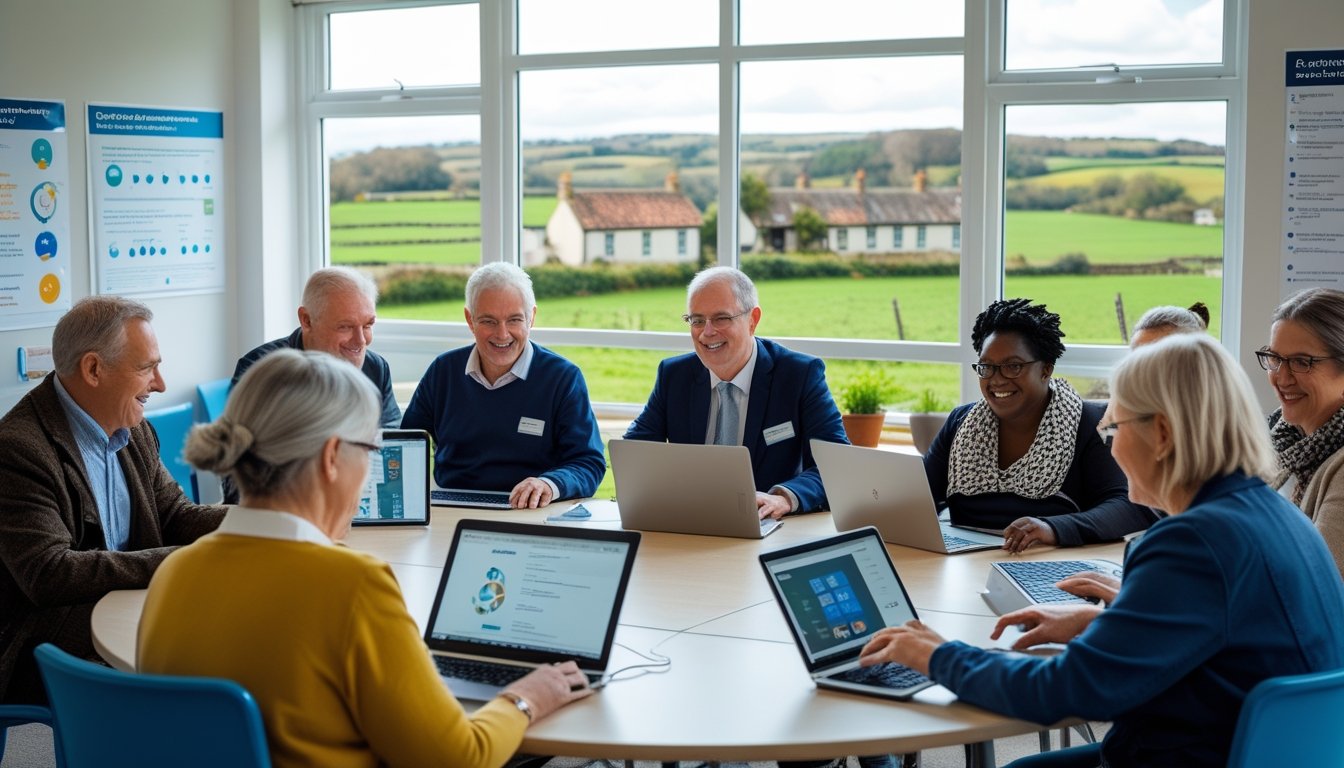 A diverse group of adults learning digital skills on laptops and tablets in a bright community centre with a rural UK landscape visible outside.