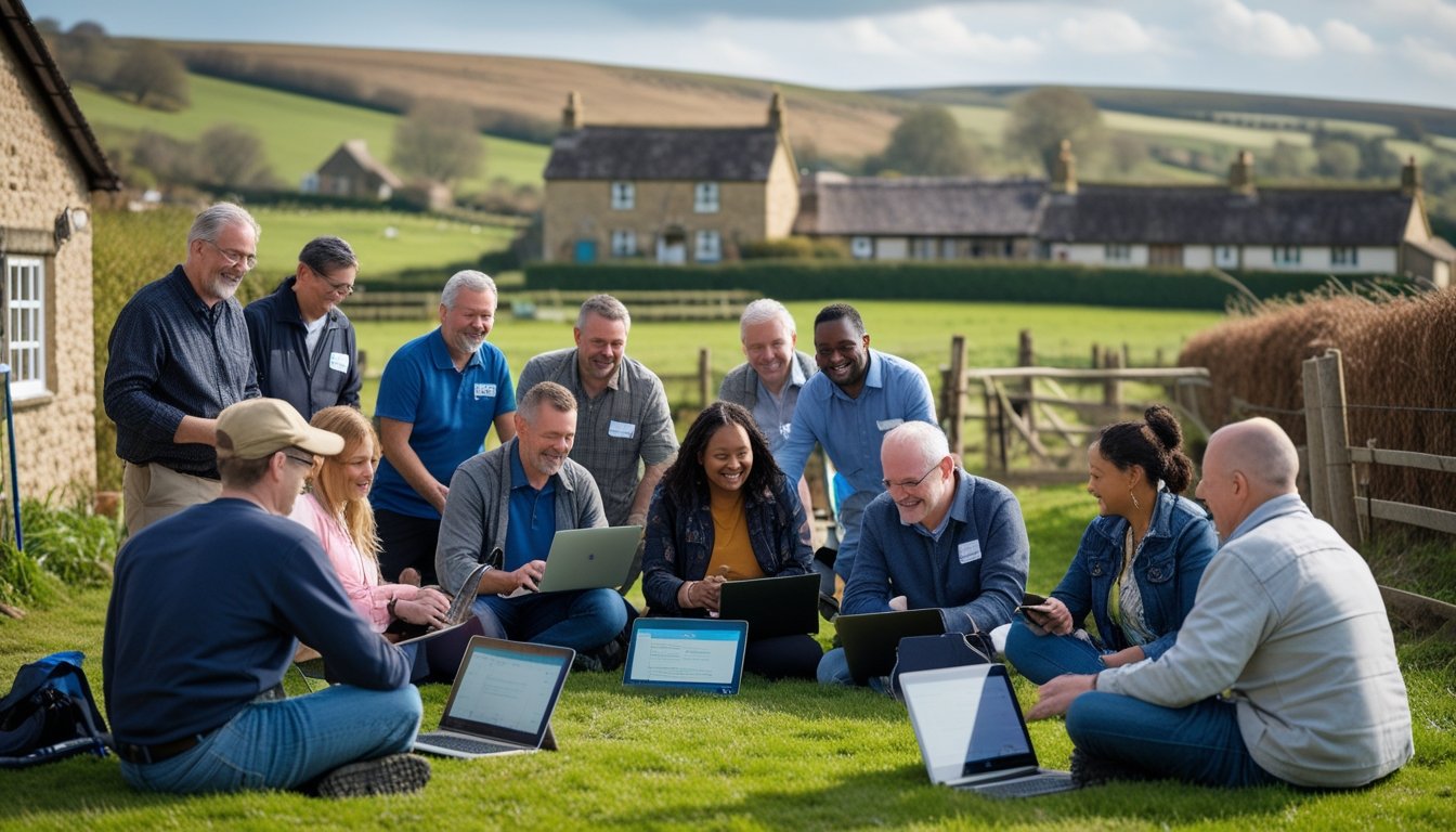 A group of adults learning digital skills outdoors in a rural UK village setting, with laptops and tablets near a community building surrounded by countryside.