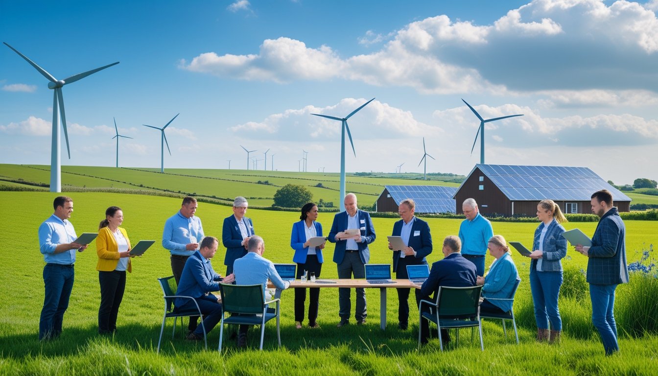 A group of people gathered outdoors in a UK rural area with wind turbines and solar panels visible in green fields under a blue sky.