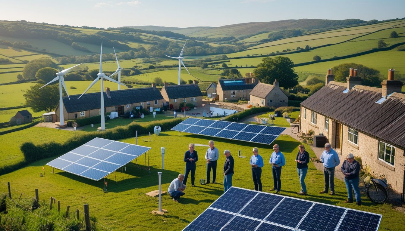 A rural UK landscape with green hills, cottages, wind turbines, and solar panels, showing people gathered outdoors discussing renewable energy.