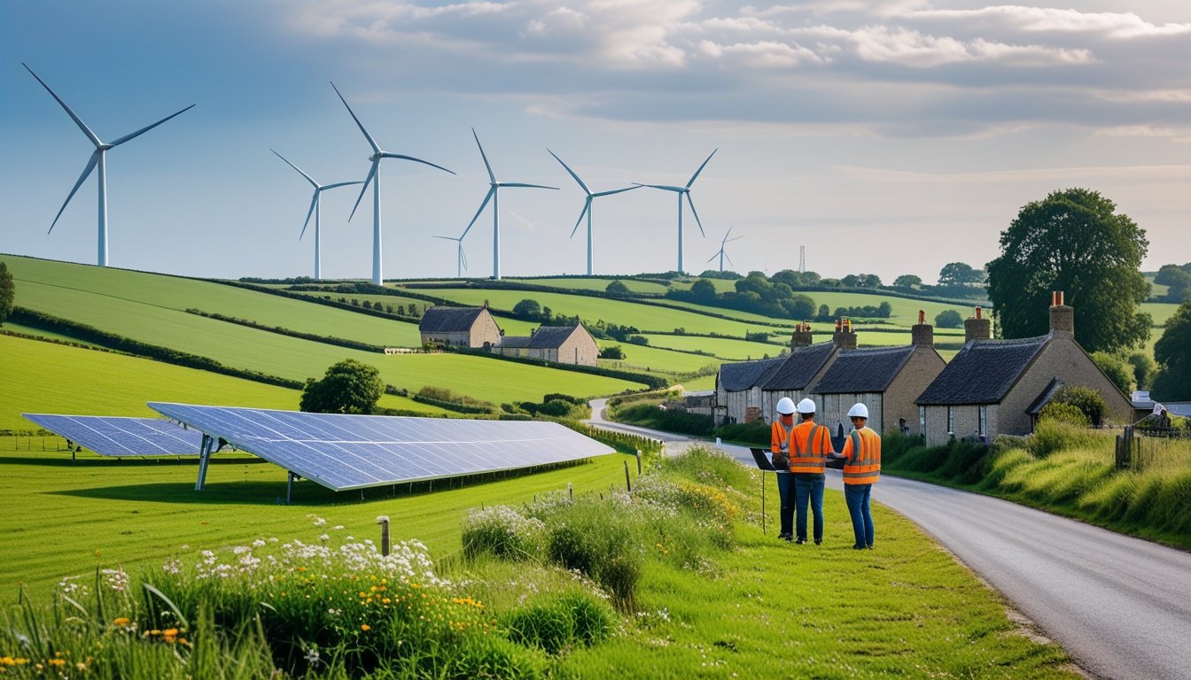 A rural UK landscape with wind turbines, solar panels, and professionals inspecting renewable energy equipment near traditional cottages.