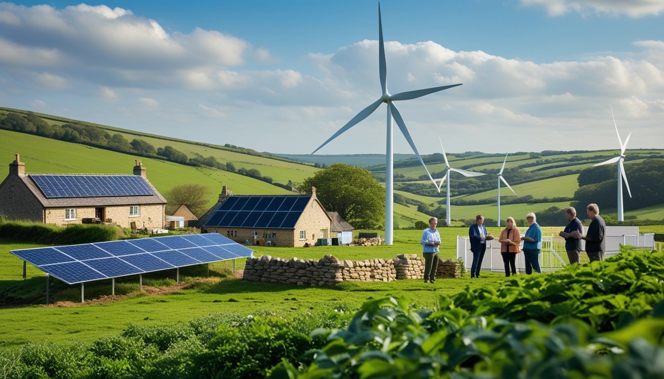 A UK rural landscape with green hills, cottages with solar panels, wind turbines, and people discussing renewable energy.