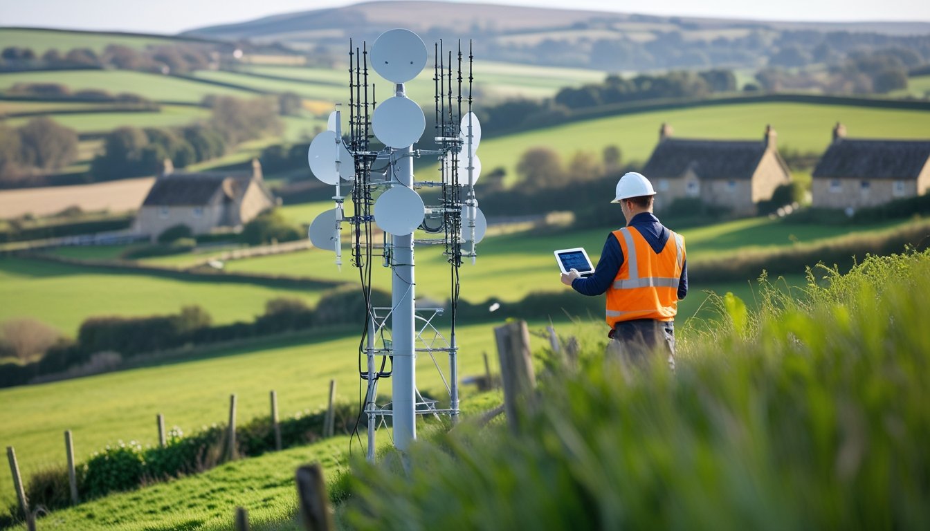 A countryside scene in the UK with green fields, a telecommunications tower, and a technician using a tablet nearby.
