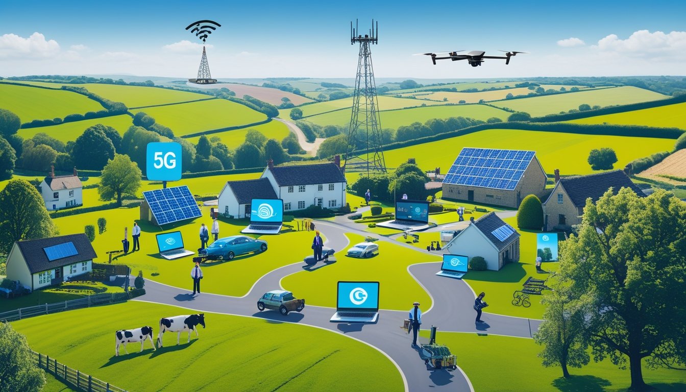 A rural UK countryside with green fields, farmhouses, people using digital devices, a 5G tower, solar panels, and drones flying overhead.