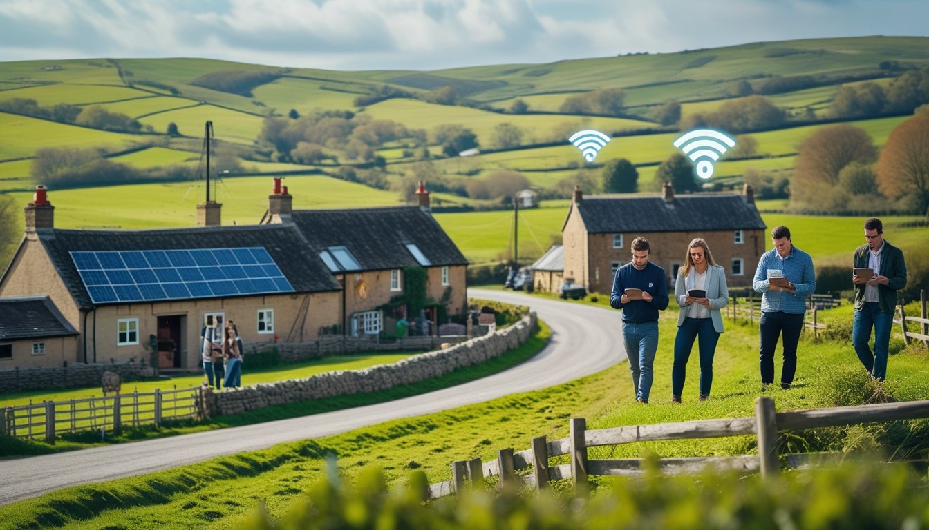 A rural UK countryside scene with people using digital devices outdoors near cottages and green fields, showing modern technology in a traditional setting.