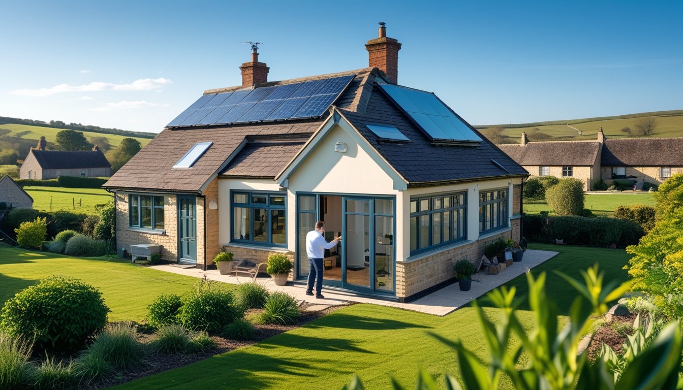 A UK rural home with solar panels and double-glazed windows set in green countryside, with a person checking energy-efficient features inside.
