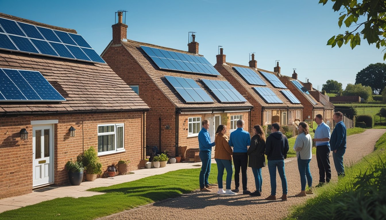 A group of people discussing energy-efficient improvements outside traditional UK rural cottages with solar panels on the roofs and green fields nearby.