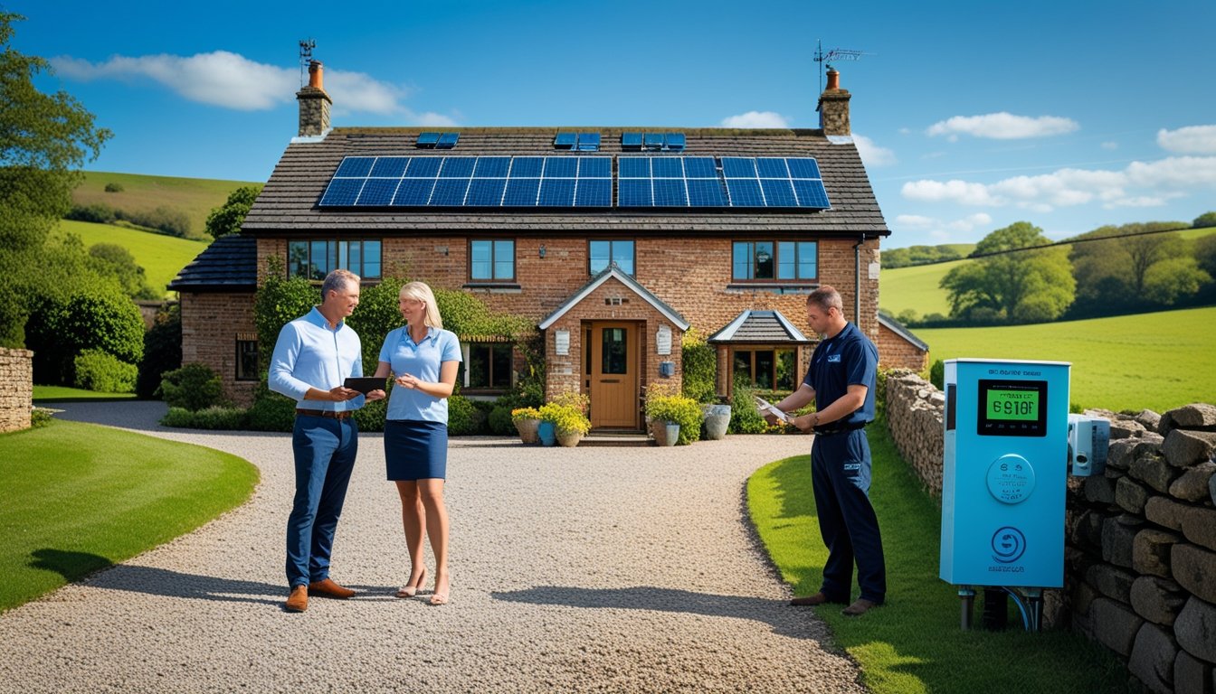 A rural UK home with solar panels and double-glazed windows, a couple discussing energy efficiency with a technician outside the house surrounded by countryside.