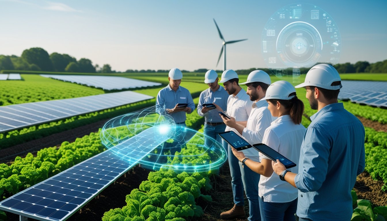 A green UK farm with solar panels, a wind turbine, and farmers using digital devices to monitor crops.