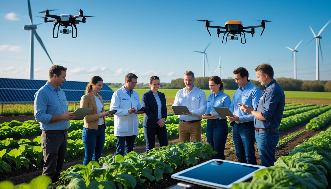 Farmers and scientists discussing renewable farming practices with solar panels and wind turbines in the background.