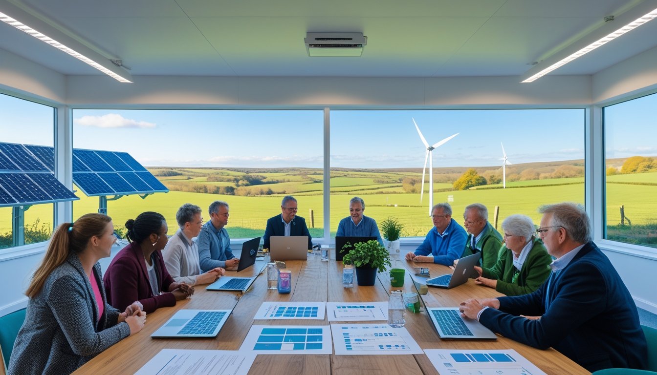 People gathered around a table in a rural community centre with solar panels and wind turbines visible outside.