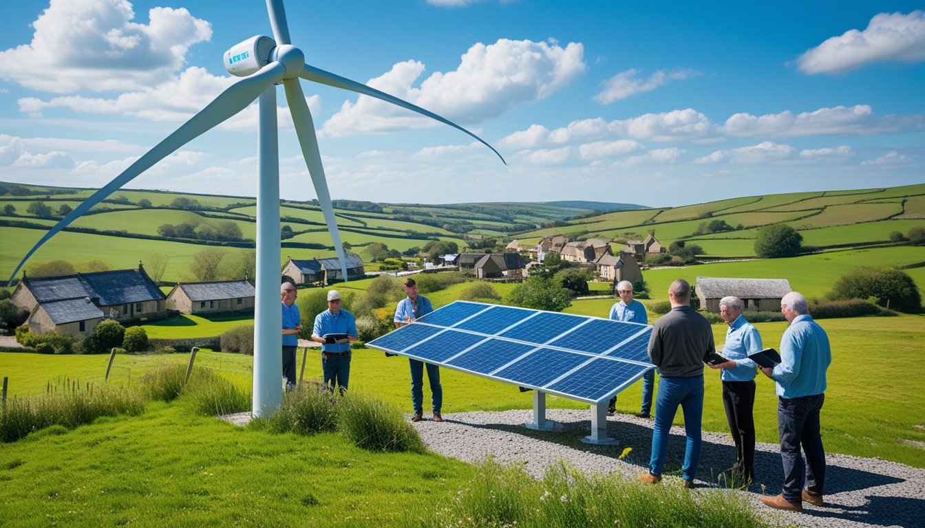 A rural UK landscape with wind turbines, solar panels, and people discussing renewable energy solutions near cottages and green hills.