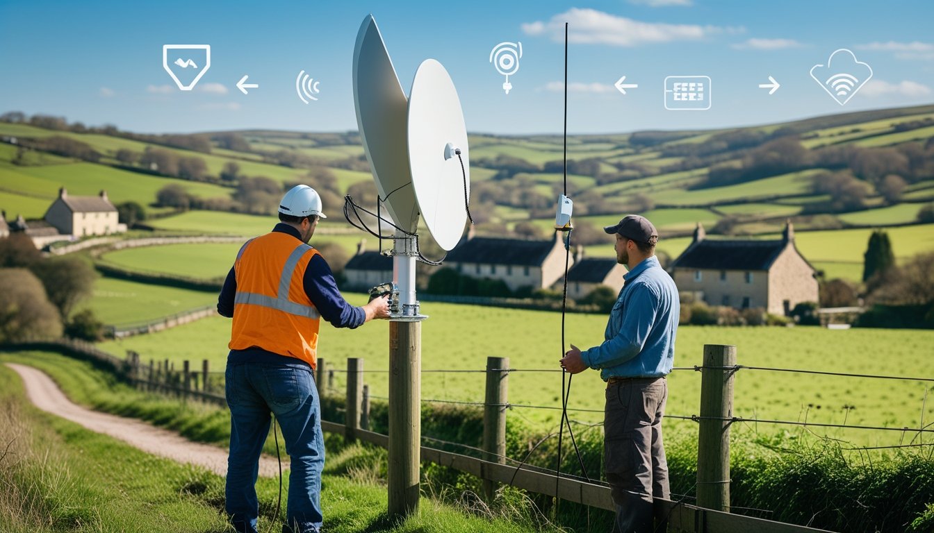 A rural UK countryside with green hills and cottages, showing a telecommunications engineer installing broadband equipment while a farmer watches.