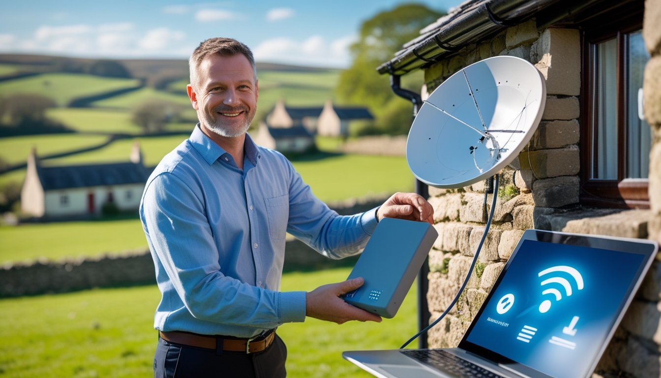A technician installing broadband equipment on a cottage in the UK countryside with green hills and blue sky in the background.
