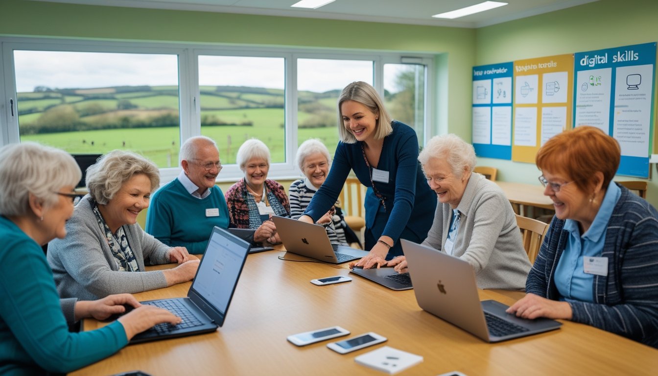 A group of adults and elderly people in a rural community centre learning to use laptops and tablets with the help of an instructor.