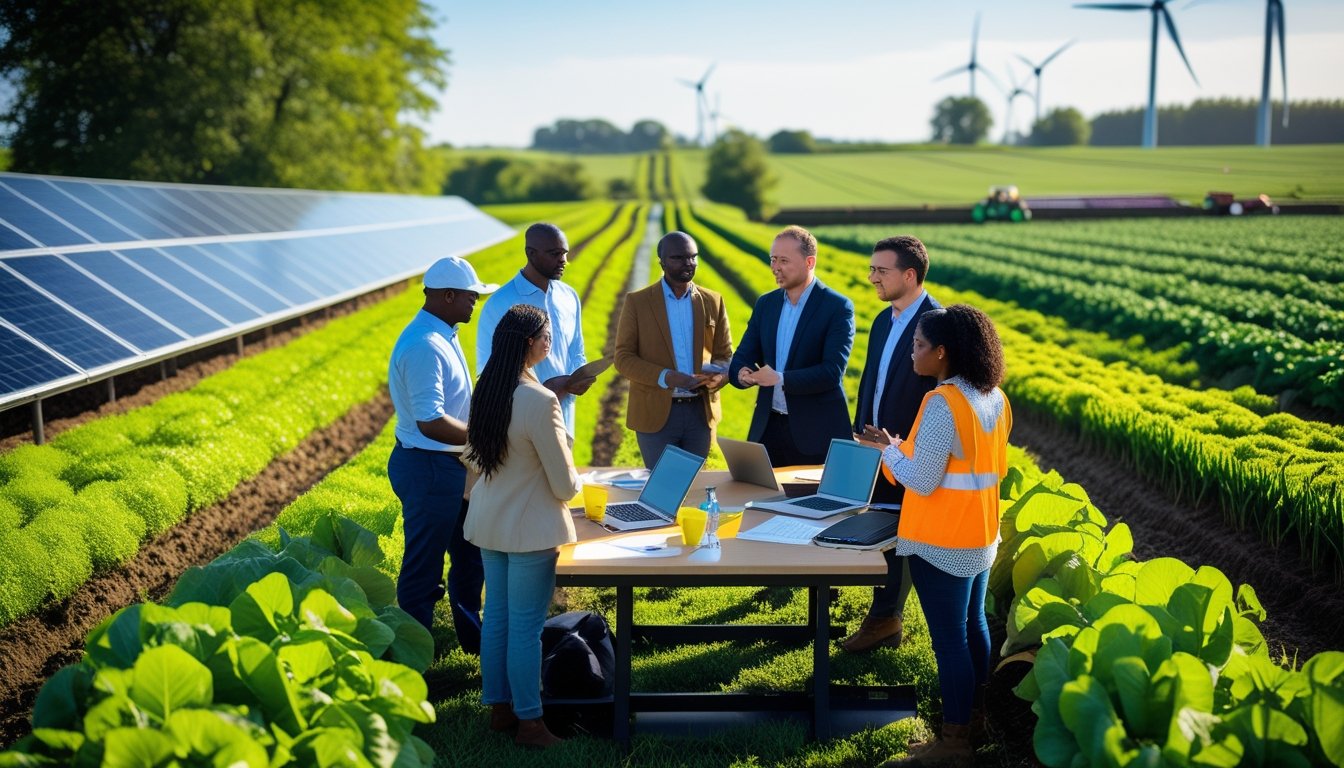 A diverse group of people discussing and working together on a sustainable farm with green crops, solar panels, and wind turbines in the background.